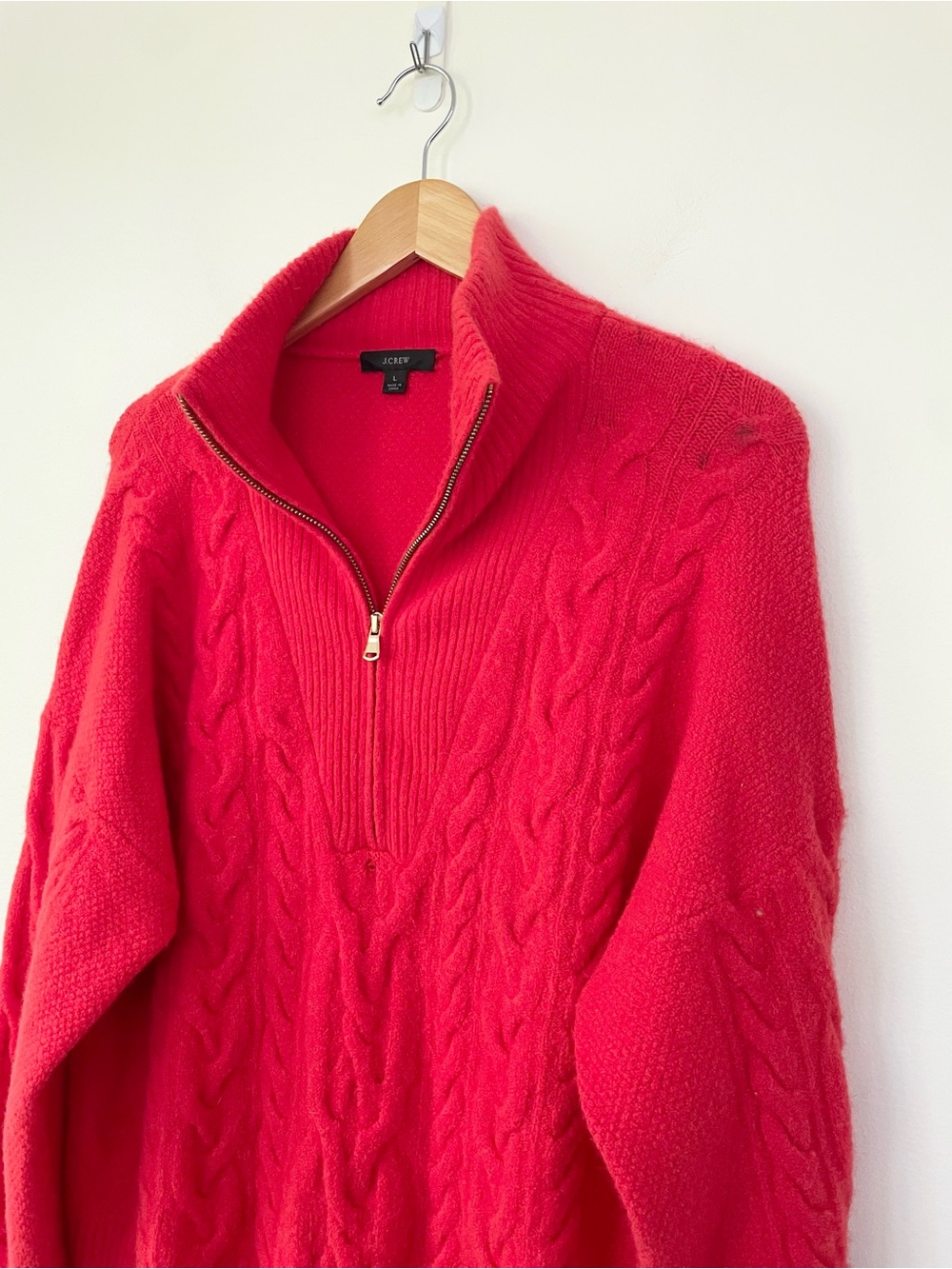 J Crew Cable-knit Half-zip Sweater in Supersoft Yarn L Large Red WoolAlpaca FLAW - Picture 2 of 9